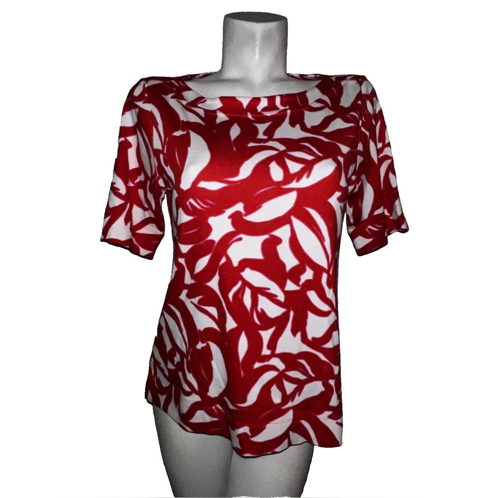 Chico's Top Women's Size M (1) Pinkish Red Pima Leaf Print Everyday Tee Shirt